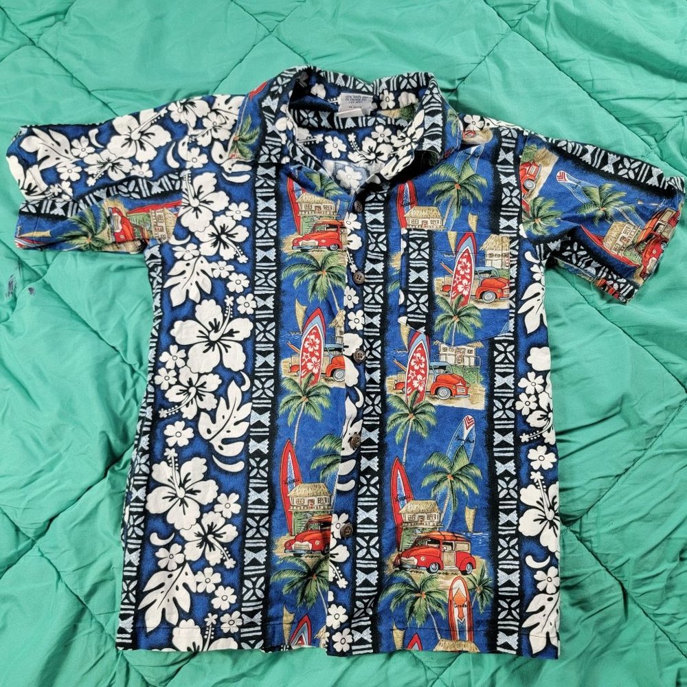 Nui Nalu Boys Size 12 Blue Shirt Button Hawaiian Tropical Surfing Casuial